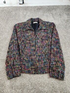 Coldwater Creek Women Tweed Jacket Siz 12 Multicolor Zip Wool Blend Classic Chic